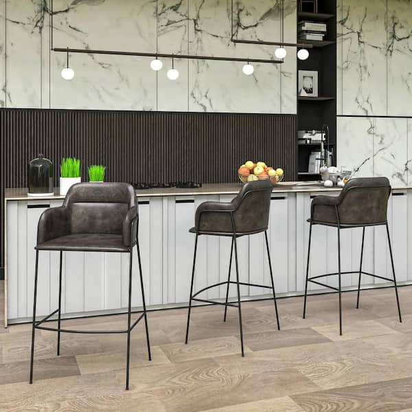 Axis 30 in. Seat Height Black Low Back Metal Bar Stool With Leather Seat in Stainless Steel