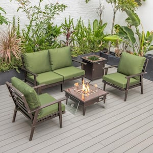 Walbrooke Brown 5-Piece Aluminum Square Patio Fire Pit Set with Green Cushions, Slats Design and Tank Holder