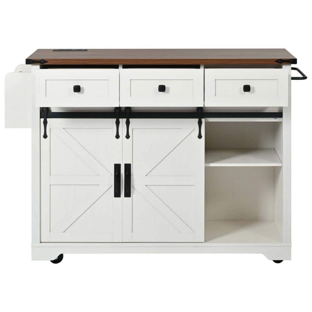 White Wood 53.7 in. Kitchen Island with Power Outlet, 2 Sliding Barn