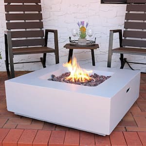 Contempo 34.75 in. x 12 in. Square Fiberglass/Reinforced Concrete Propane Gas Fire Pit with Outdoor Cover and Lava Rocks