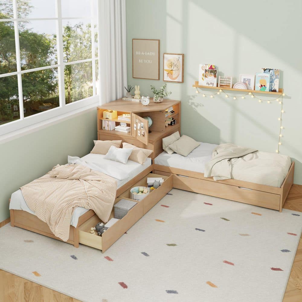 Natural (Yellow) Wood Frame Twin L-shaped Platform Bed with Trundle and Drawers Linked with Built-in Desk and LED