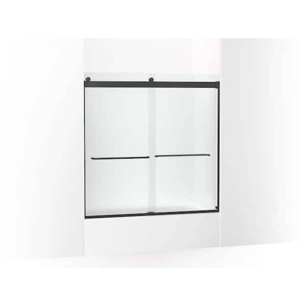KOHLER Levity 54-57 in. W x 60 in. H Frameless Sliding Tub Door in Matte Black with Towel Bar and Reversible Tracks