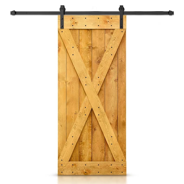 CALHOME 32 in. x 84 in. Distressed X Series Colonial Maple Stained DIY Wood Interior Sliding Barn Door with Hardware Kit