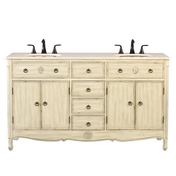 Home Decorators Collection Keys 61 in. Double Vanity in Distressed Cream with Marble Vanity Top in Beige with White Basin