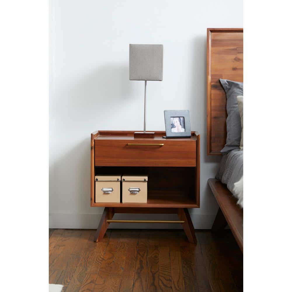 Walnut Acacia Wood Nightstand with Brass Handle and Shelf
