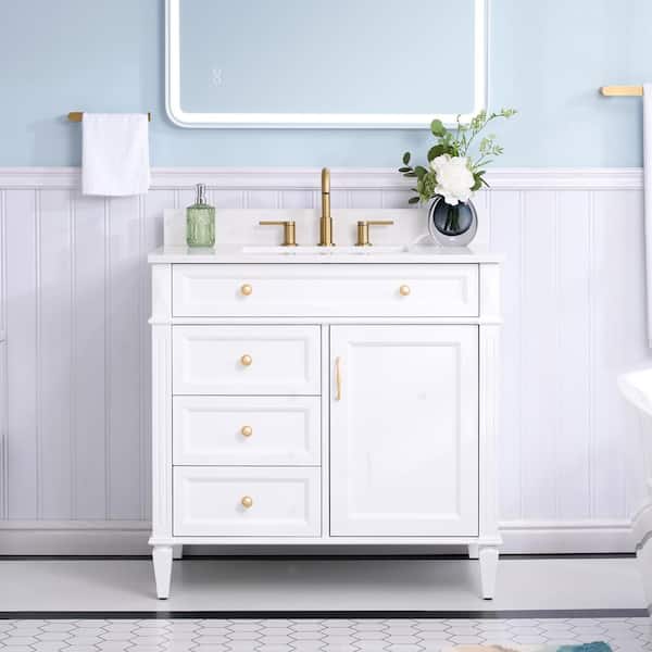 WELLFOR ELISA 36 in. W x 22 in. D x 35 in. H Single Sink Bath Vanity in White with Quartz Top