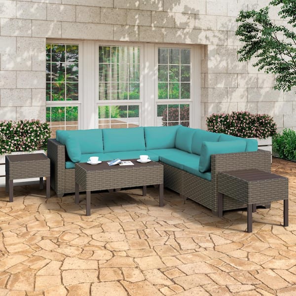TK CLASSICS Keys 8-Piece Metal Patio Conversation Set with Cyan Cushions