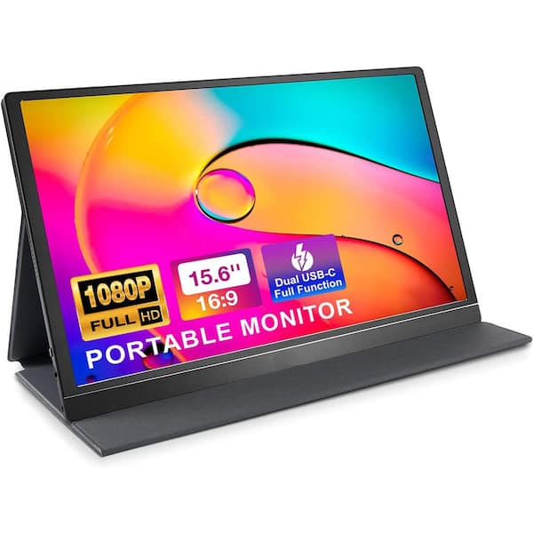 15.6'' Portable Monitor 1080P FHD USB-C Laptop Display with Smart Cover Dual Speakers HDMI IPS HDR for PC Phone Xbox PS4