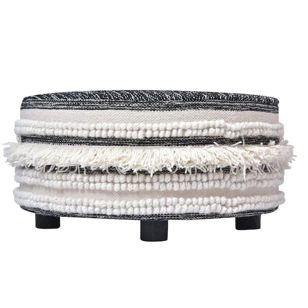 LR Home Ox Bay Handmade Black/Ivory Striped Cotton Wool Blend Ottoman