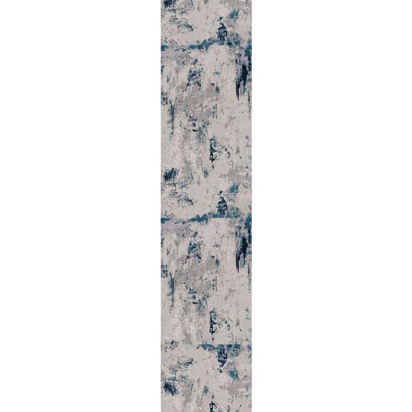 Vogue, Blue Cream, Contemporary 2 ft. x 19 ft. Abstract Indoor Runner Rug