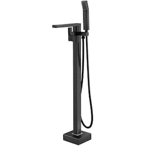 Waterfall Single-Handle Floor Mount Freestanding Tub Faucet Bathtub Filler with Hand Shower in. Matte Black