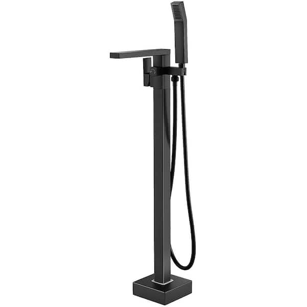 Waterfall Single-Handle Floor Mount Freestanding Tub Faucet Bathtub Filler with Hand Shower in. Matte Black
