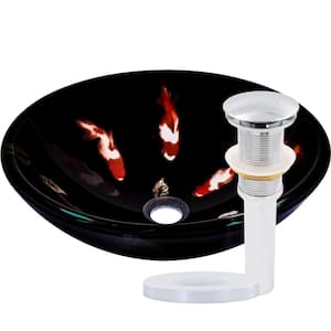 Fiche Black Glass Round Vessel Sink in Chrome Koi Design with Drain