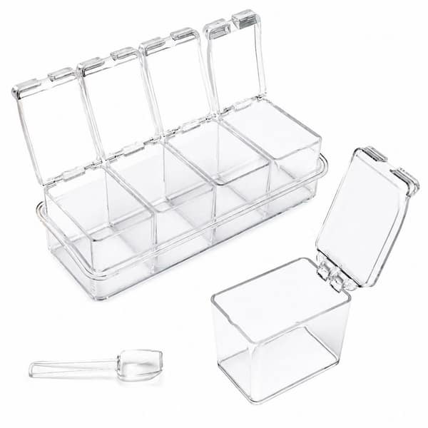 Clear Plastic Spice Jar Set with 4 Removable Jars, Lids, Spoons and Non-Slip Tray for Kitchen Storage