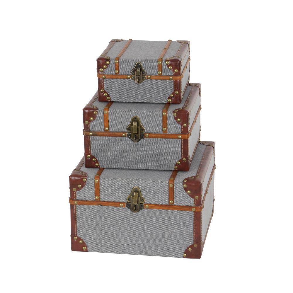 Gray Upholstered Wood 3-Piece Decorative Box Set with Hinged Lids