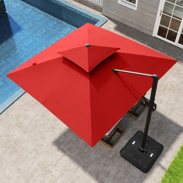Aluminum 10 ft. x 10 ft. 2-Tier Top Canopy Adjustable Tilt Cantilever 360° Rotation Patio Umbrella in Red with Base