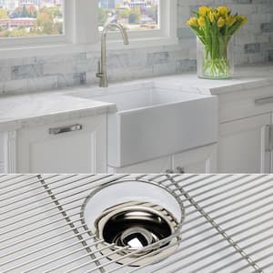 Luxury White Solid Fireclay 30 in. Single Bowl Farmhouse Apron Kitchen Sink with Polished Nickel Accs and Flat Front