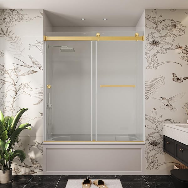 YINVANI 60 in. W x 60 in. H Double Sliding Frameless Bypass Bath Tub Door in Brushed Gold with Easy-Clean 3/8 in. Clear Glass