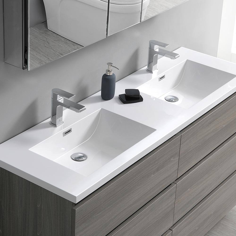 Contemporary 71" Gray Wood Double Sink Vanity Set with Acrylic Top