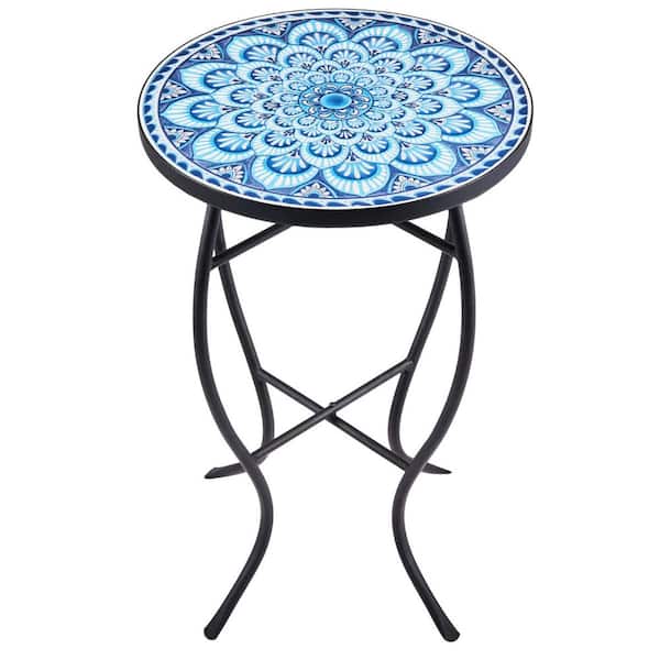 Mosaic Side Table Plant Stand 21-Round End Table with 14-Ceramic Tile Top Indoor Outdoor Blue Mandala