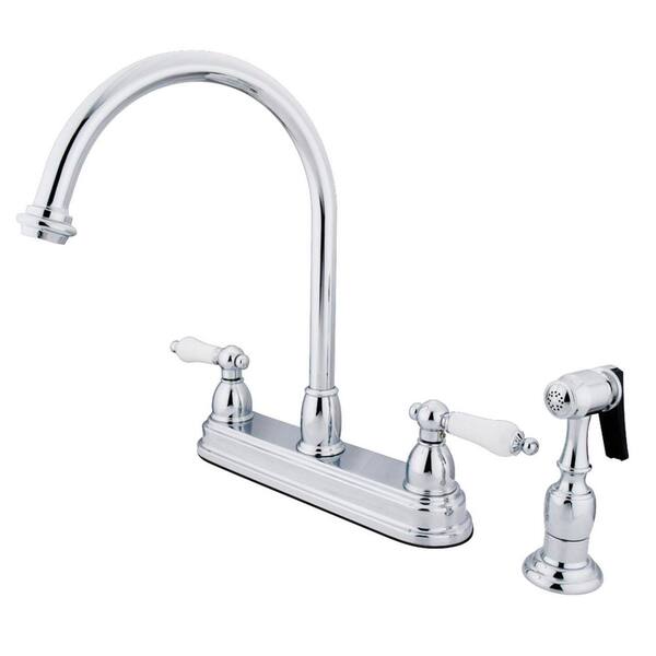 Kingston Brass Restoration 2-Handle Deck Mount Centerset Kitchen Faucets with Side Sprayer in Polished Chrome