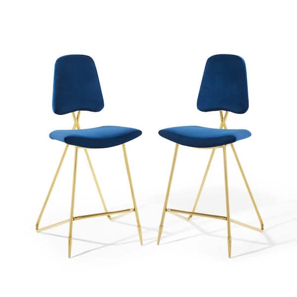 Ponder 45 in. Gold Full Back Metal Frame 26.5 in. Cushioned Bar Stool with Navy Velvet Seat (Set of 2)