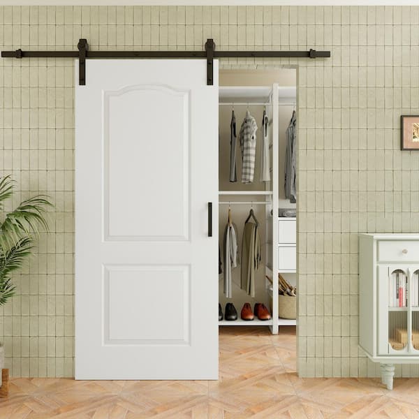 36 in. x 80 in. 2-Panel White Primed MDF No Assembly Required Sliding Barn Door with Hardware Kit and with Soft Close