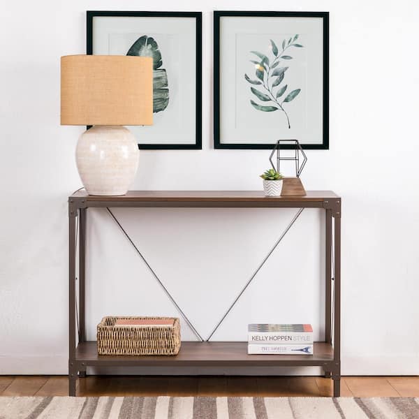 Glitzhome 43.25 in. L Rectangle Brown Modern Industry Metal/Wooden Console Table - Walnut Melamine
