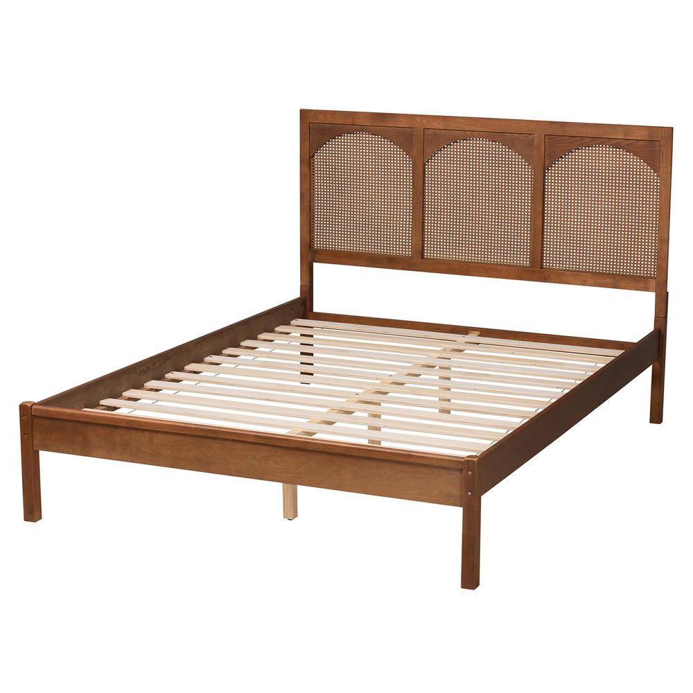 Queen Walnut Wood and Rattan Platform Bed with Headboard