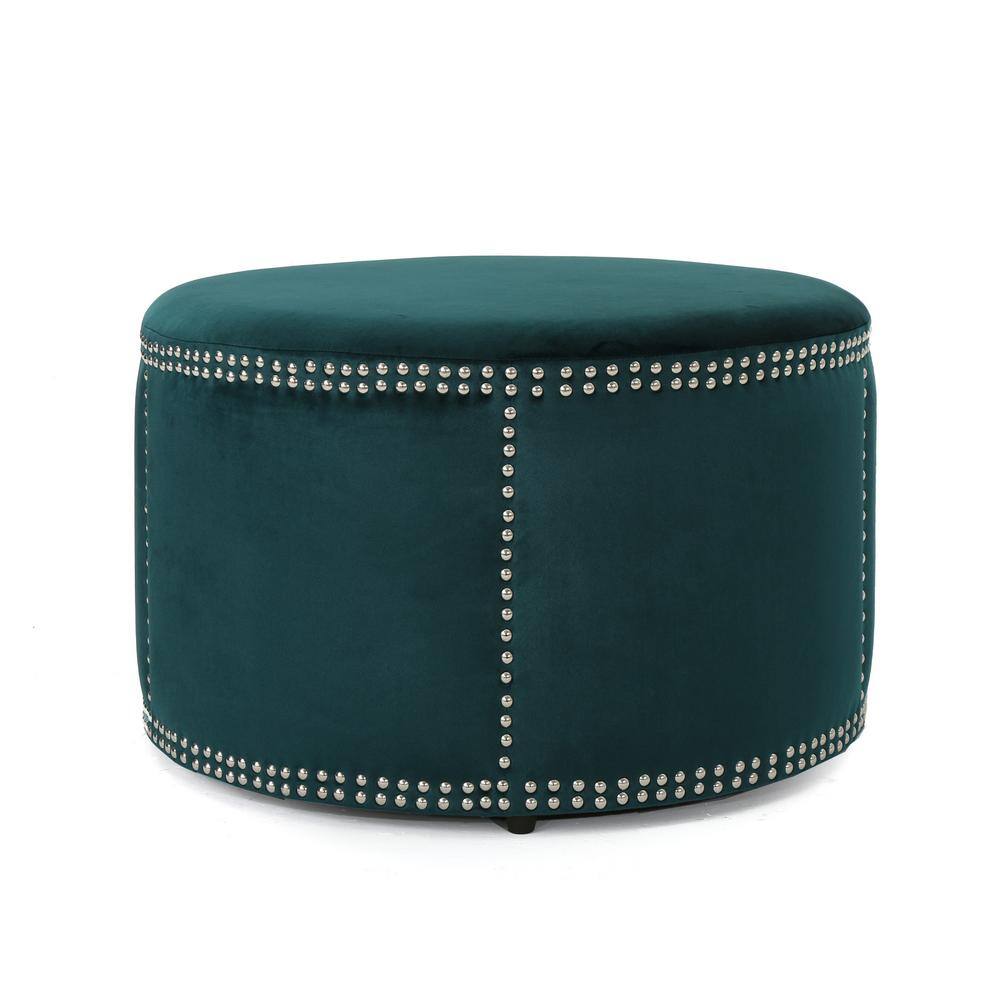 Teal Velvet Round Studded Accent Ottoman