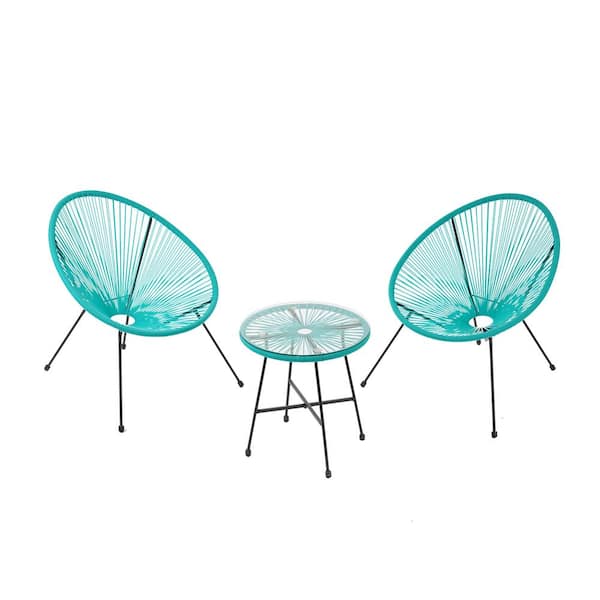 Unbranded 3-Pieces Lake Blue Outdoor Bistro PE wicker Chairs with Glass Top Coffee Table