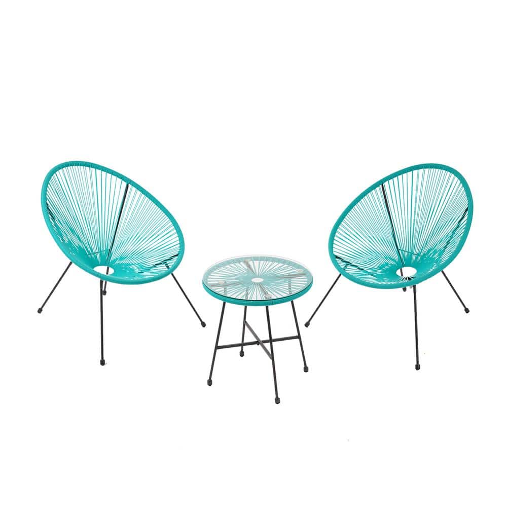 Teal 3-Piece PE Wicker Outdoor Patio Conversation Set 2 Chairs and 1 Coffee