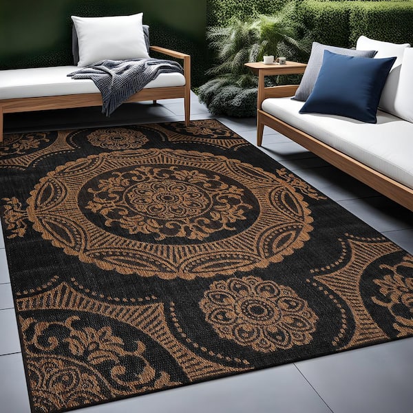 Waikiki Gold/Black 6 ft. x 9 ft. Medallion Indoor Outdoor Area Rug