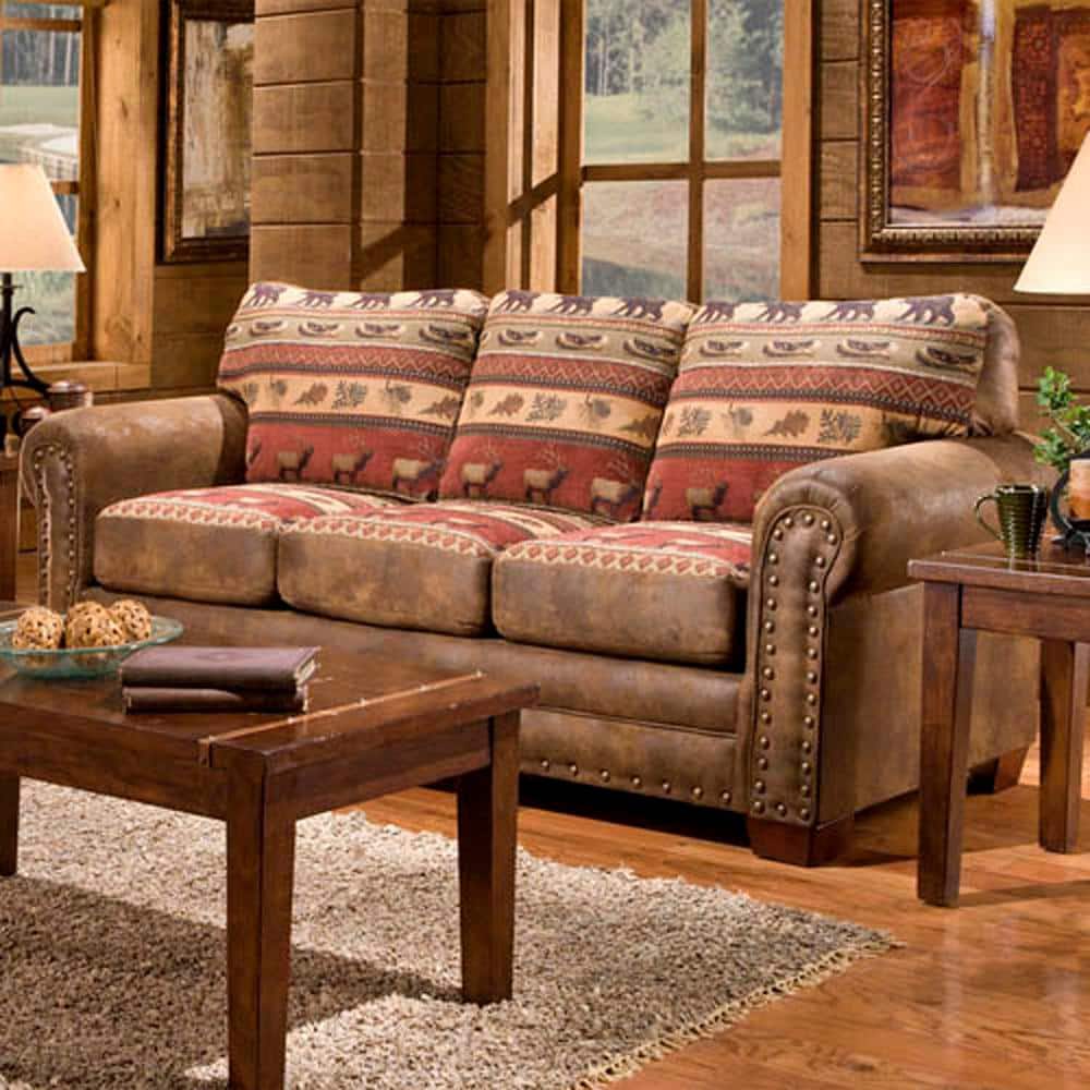 Brown Microfiber and Tapestry Lodge Sofa with Nailhead Trim