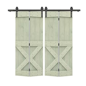 40 in. x 84 in. Mini X Series Sage Green Stained DIY Wood Double Bi-Fold Barn Doors with Sliding Hardware Kit