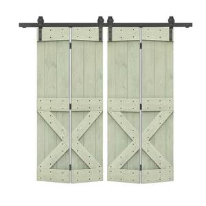 44 in. x 84 in. Mini X Series Solid Core Sage Green Stained DIY Wood Double Bi-Fold Barn Doors with Sliding Hardware Kit