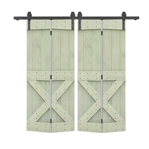 CALHOME 48 in. x 84 in. Mini X Series Solid Core Sage Green Stained DIY Wood Double Bi-Fold Barn Doors with Sliding Hardware Kit