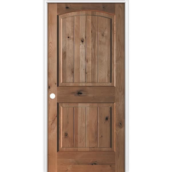 28 in. x 80 in. Rustic 2-Panel Arch Top VG Right-Hand True Black Stain Knotty Alder Wood Single Prehung Interior Door