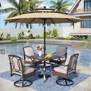 6-Piece Metal Patio Outdoor Dining Set with Beige Cushions and Umbrella