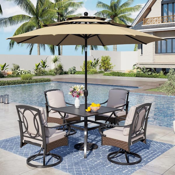 PHI VILLA 6-Piece Metal Patio Outdoor Dining Set with Beige Cushions and Umbrella