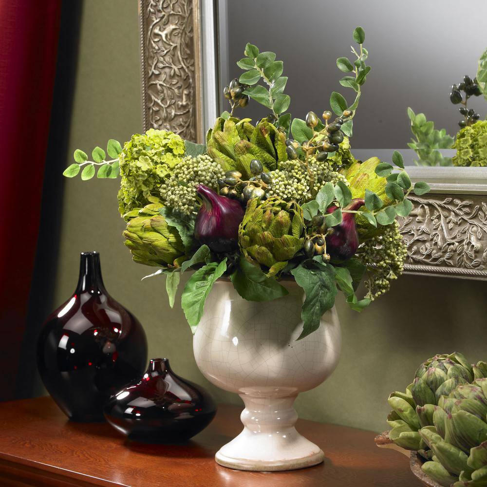 Green and Cream Silk Hydrangea and Artichoke Tabletop Centerpiece
