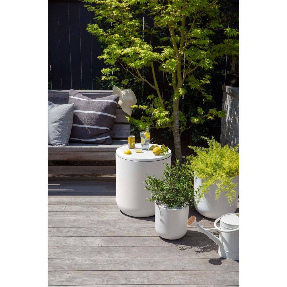 White Round Concrete-Plastic Outdoor Side Table with Cooler Function