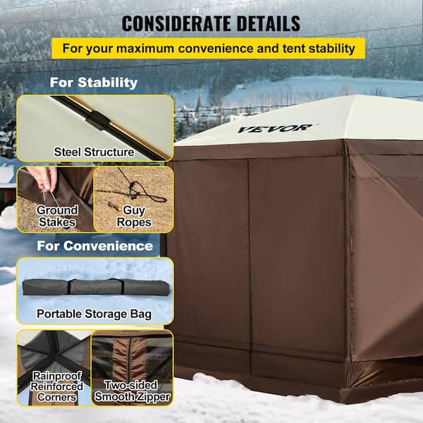 VEVOR Camping Gazebo Tent 10 ft. x 10 ft. 6 Sided Pop-Up Canopy Screen Tent  for 8-Person with Storage Bag, Brown and Beige MZY610FT10FT67P5KV0 - The  Home Depot