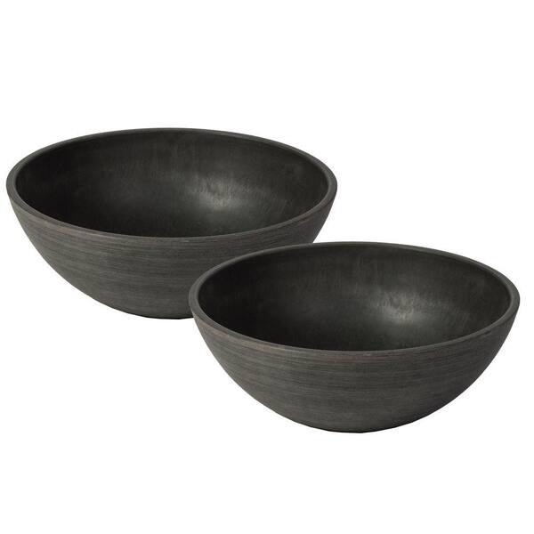 Algreen Valencia 10 in. Round Textured Charcoal Polystone Bowl Planter (2-Pack)
