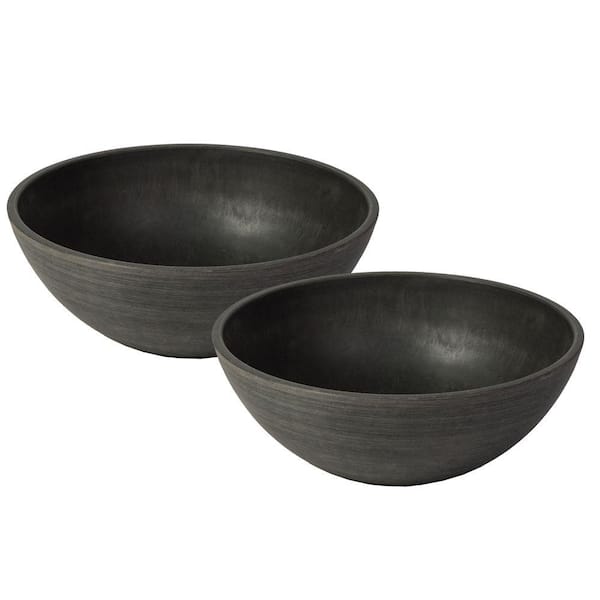 Algreen Valencia 12 in. Round Textured Charcoal Polystone Bowl Planter (2-Pack)