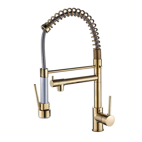 Fapully Contemporary Spring Single Handle Pull Down Sprayer Kitchen Faucet in Gold, Kitchen Sink Faucet with 2-Spout
