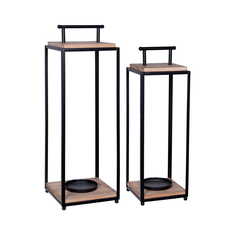Stratton Home Decor Rectangular Floor Lantern Set with Natural Wood and Black Metal Finish