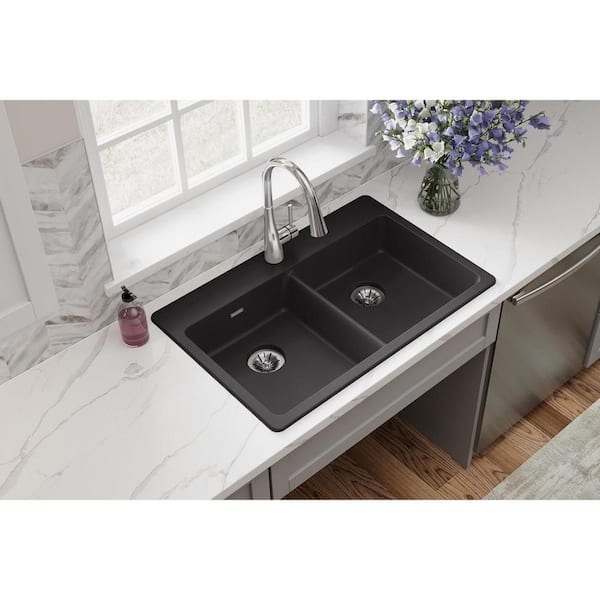 Quartz Classic 33 in. Drop-in Double Bowl Black Granite/Quartz Composite Kitchen ADA Sink w/ Accessories