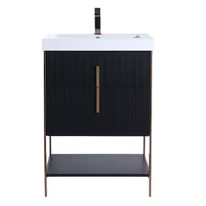 24 in. W x 18 in. D x 33.5 in. H Bath Vanity in Black Matte with Gel Coated Thick top in White With Rose Gold Hardware