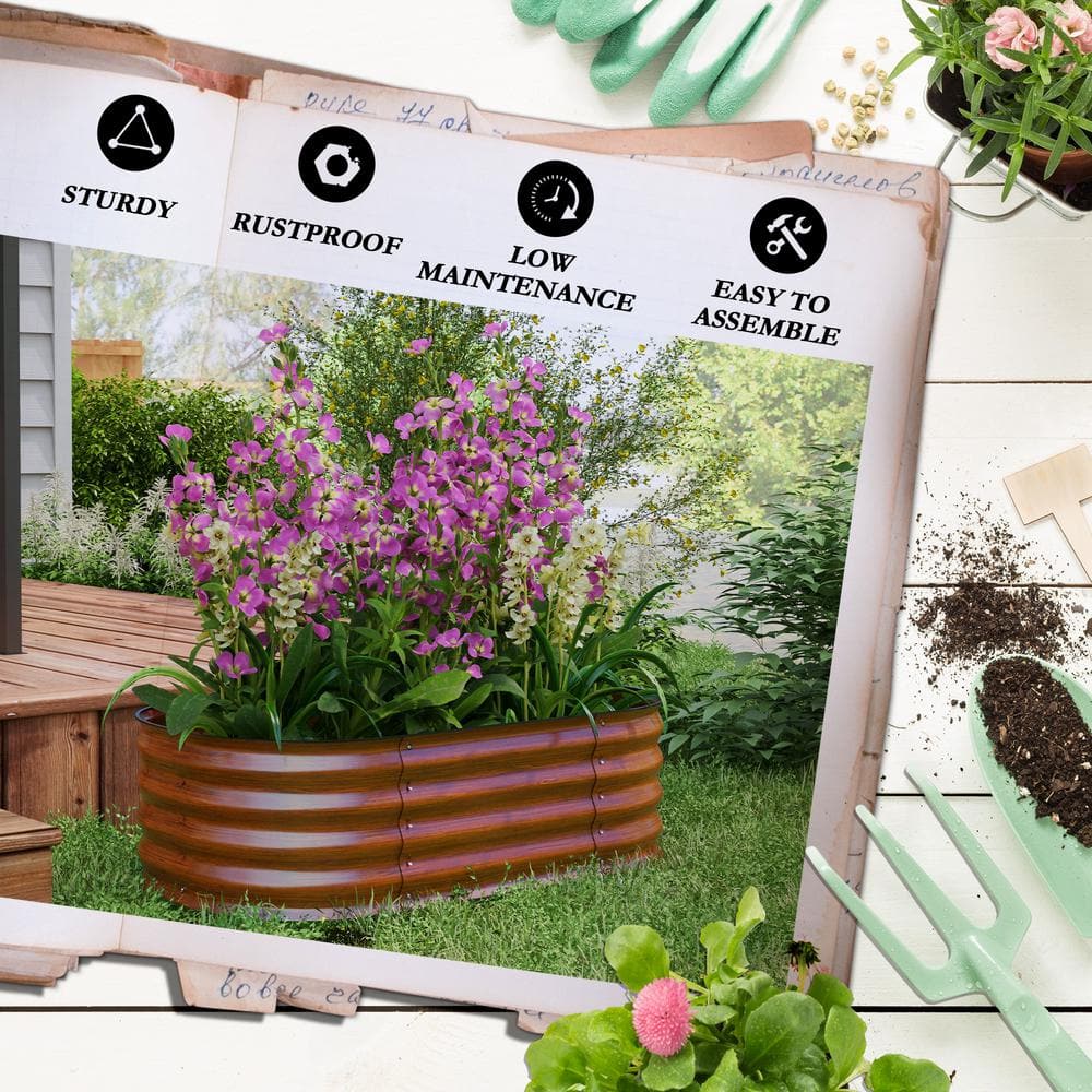 Brown Galvanized Steel Raised Garden Bed Planter Box with Safety Edging